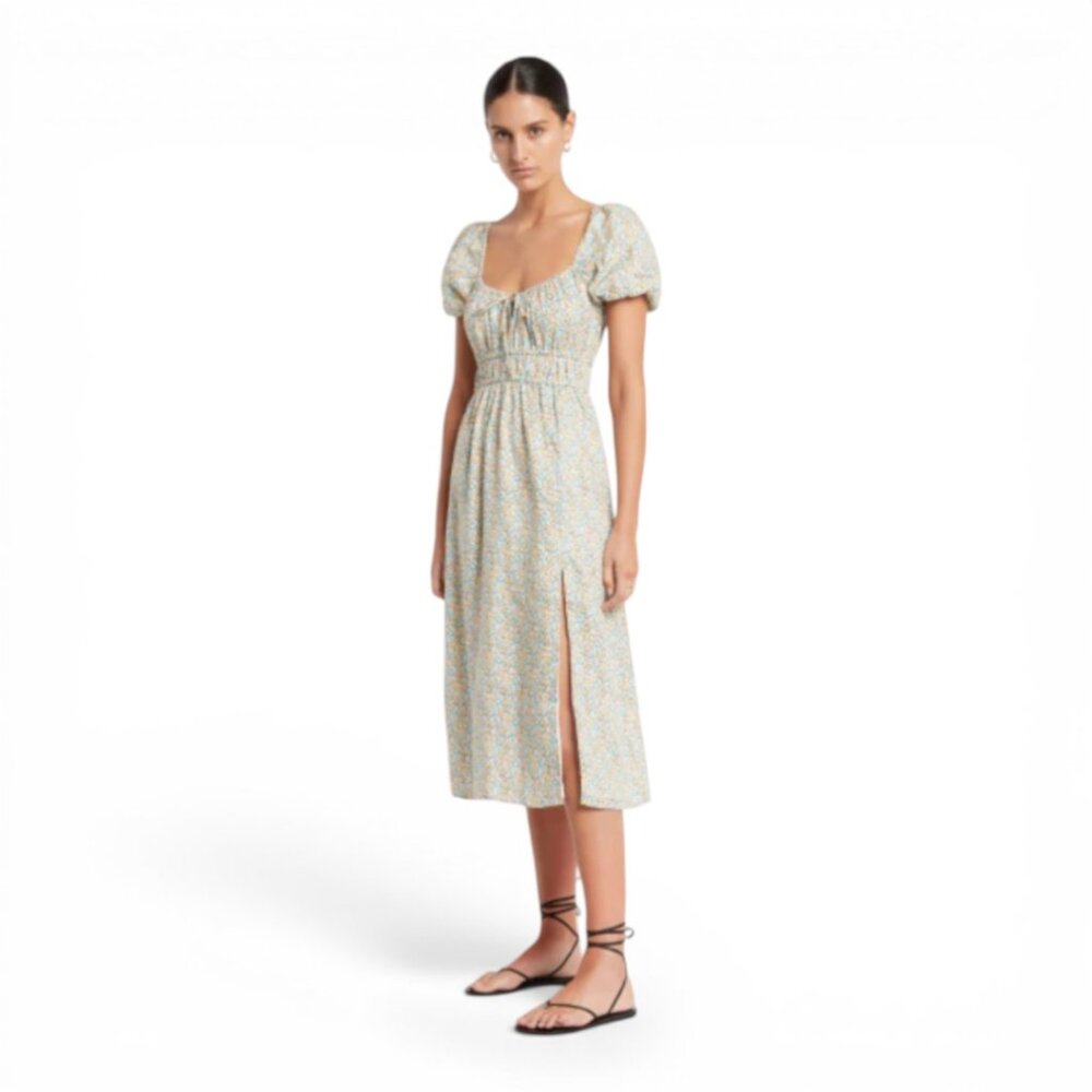Faithfull The Brand Terina Midi Dress Sabinosa Floral Blue Smocked Size 6 - Picture 1 of 11
